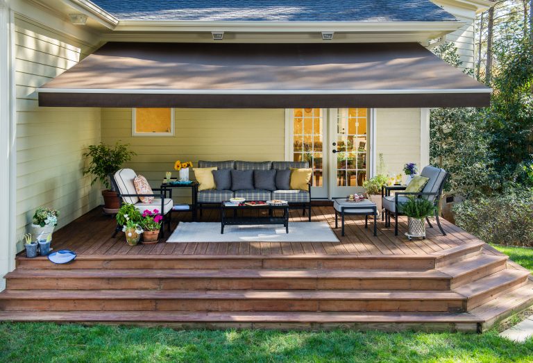 Raleigh, NC - November 8th 2012 - A Solair brand awning created an outdoor living space at the home of Nancy & Ronald Farhad. Photography by Steve Exum exumphoto.com.